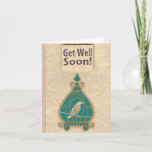 Teal Bird Cage Get Well Soon Card