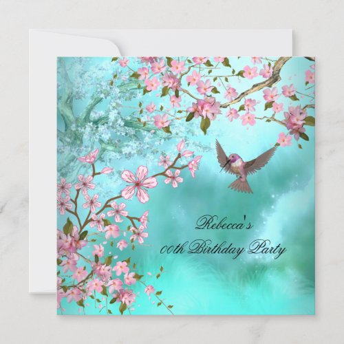 Teal Bird Pink Asian Blossom Birthday Party Invitation