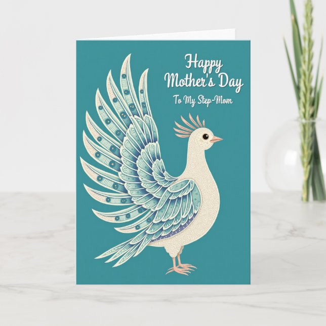 Teal Bird Step Moms Day Card (Front)