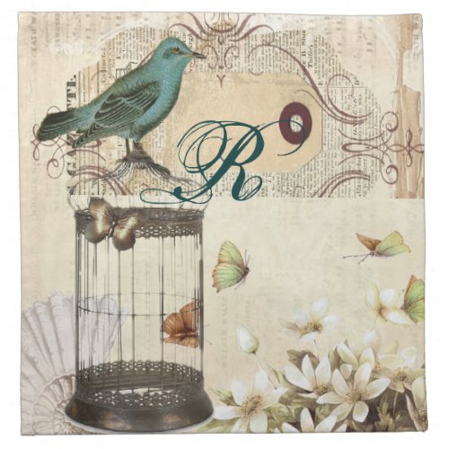 Teal Bird vintage floral botanical wedding Napkin