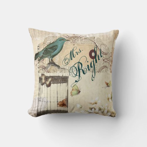 Teal Bird vintage floral botanical wedding Throw Pillow