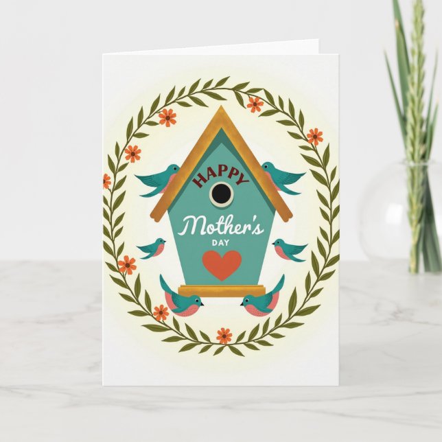 Teal Birdhouse Mothers Day Card (Front)