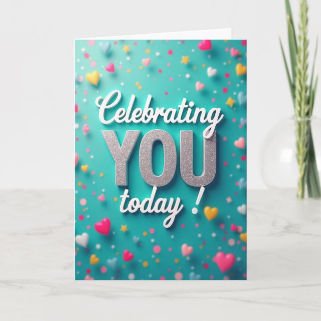 Teal Birthday Shimmer Text Card (Front)