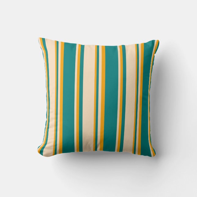 Teal, Bisque & Orange Stripes Throw Pillow (Front)