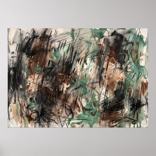 Teal Black Abstract Brushwork Poster (Front)