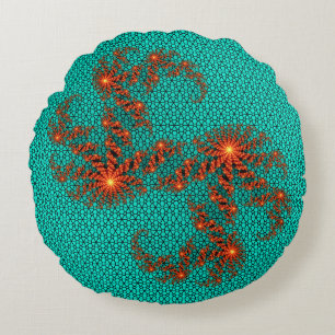 Teal Black Abstract Mandala Pattern Round Pillow