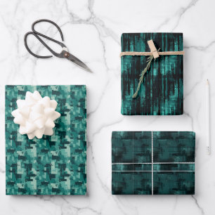 Teal & Black Abstract Paint Trio Wrapping Paper Sheets