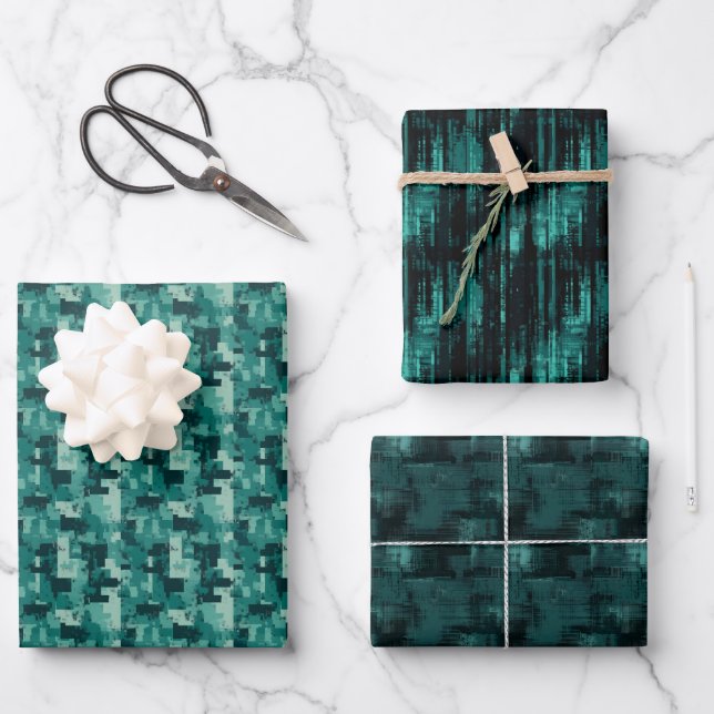 Teal & Black Abstract Paint Trio Wrapping Paper Sheets (Front)