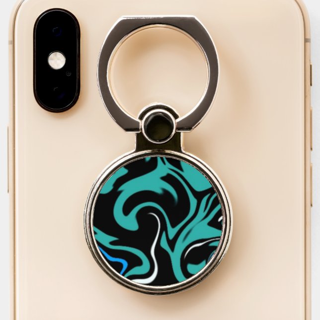 Teal, Black and Blue Swirled Phone Ring Stand (Close Up)
