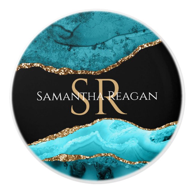 Teal, Black and Gold Agate, DIY Name & Monogram Ceramic Knob (Front)