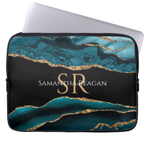 Teal Black and Gold Agate DIY Name  Monogram Vs2 Laptop Sleeve