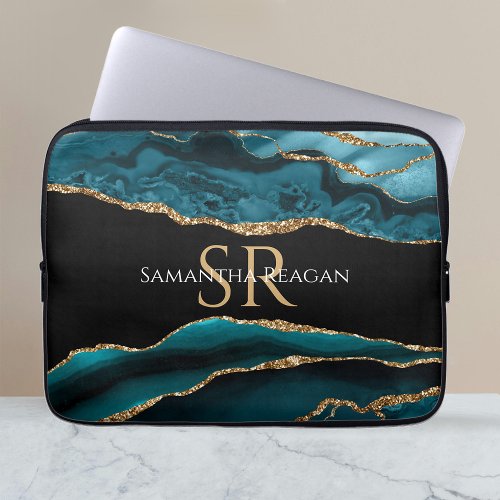 Teal Black and Gold Agate DIY Name  Monogram Vs2 Laptop Sleeve