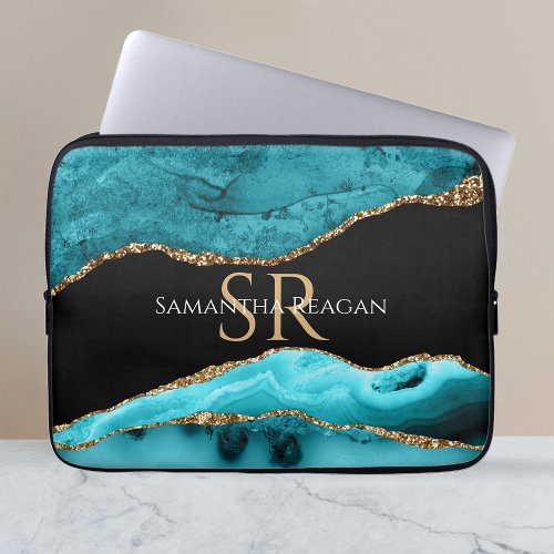 Teal Black and Gold Agate DIY Name  Monogram Vs3 Laptop Sleeve