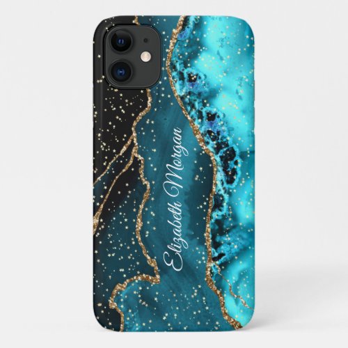 Teal Black and Gold Agate Gold Stars  DIY Name iPhone 11 Case