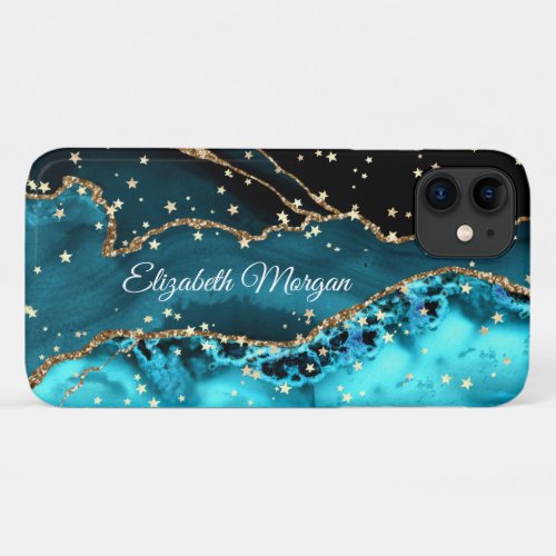 Teal Black and Gold Agate Large Gold Stars Name iPhone 11 Case