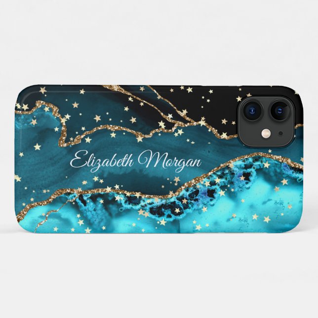 Teal, Black and Gold Agate, Large Gold Stars, Name Case-Mate iPhone Case (Back (Horizontal))