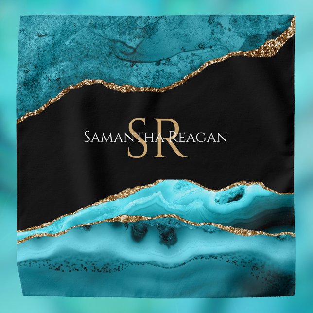 Teal, Black and Gold Agate, Name & Monogram Bandana (Creator Uploaded)