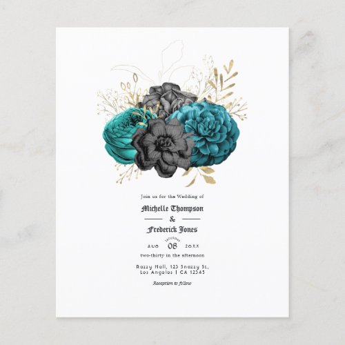 Teal Black and Gold Floral Gothic Wedding Flyer