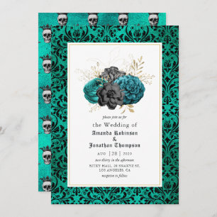 Teal, Black and Gold Floral Gothic Wedding Invitation