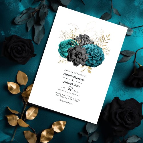 Teal Black and Gold Floral Gothic Wedding Invitation