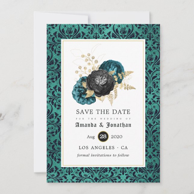 Teal, Black and Gold Floral Gothic Wedding Save The Date (Front)