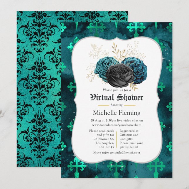 Teal, Black and Gold Floral Virtual Bridal Shower Invitation (Front/Back)