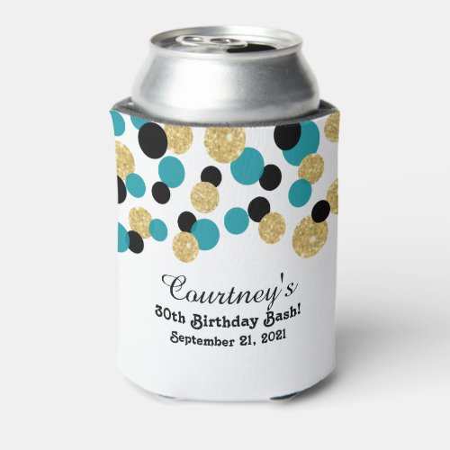 Teal Black and Gold Glitter Confetti  30th Can Cooler