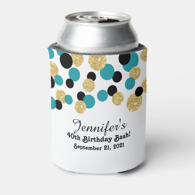 Teal, Black and Gold Glitter Confetti | 40th Can Cooler (Can Back)