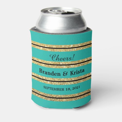 Teal Black and Gold Glitter Stripes  Wedding Can Cooler