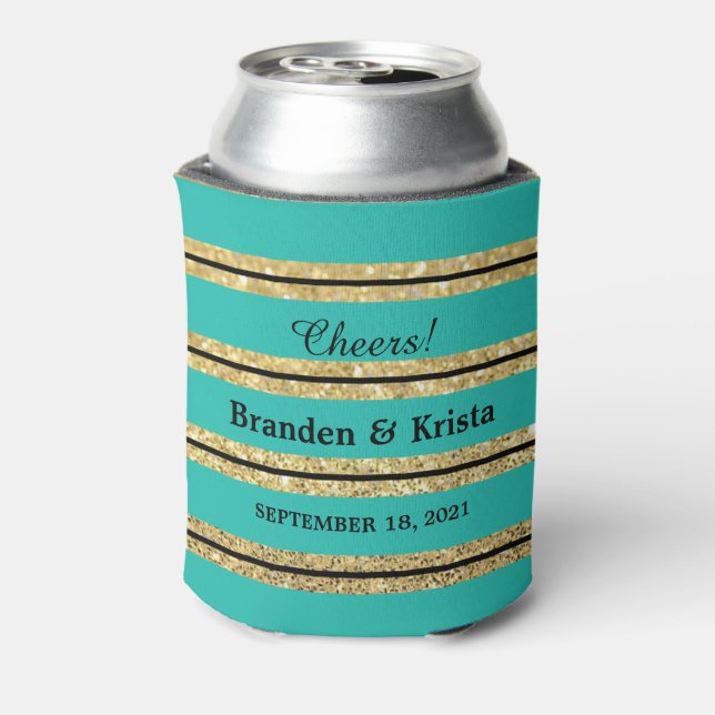 Teal Black and Gold Glitter Stripes | Wedding Can Cooler (Can Back)