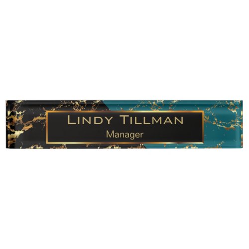 Teal Black and Gold Marble Design Desk Name Plate