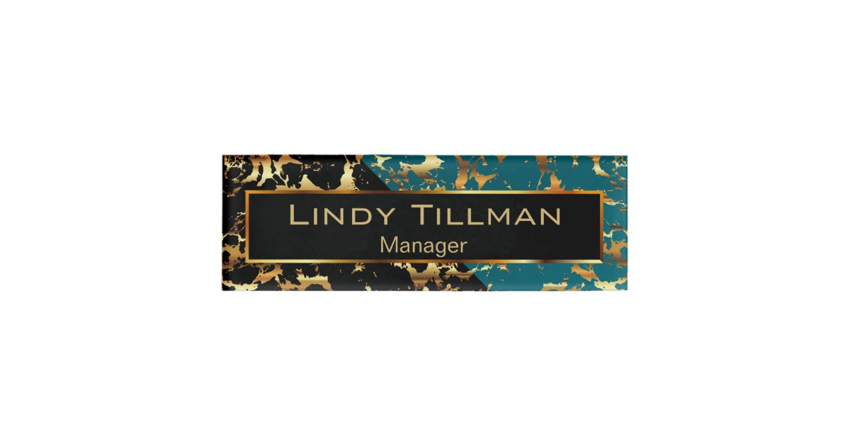 Teal, Black and Gold Marble Name Tag | Zazzle