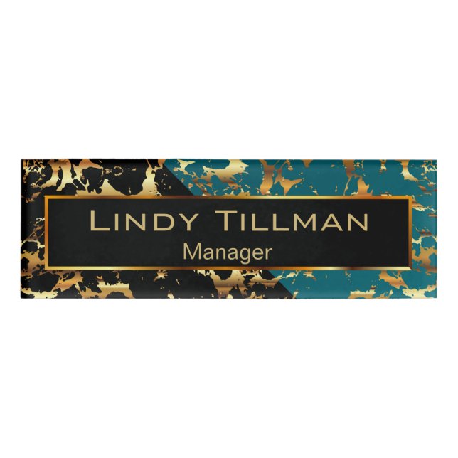 Teal, Black and Gold Marble Name Tag (Front)