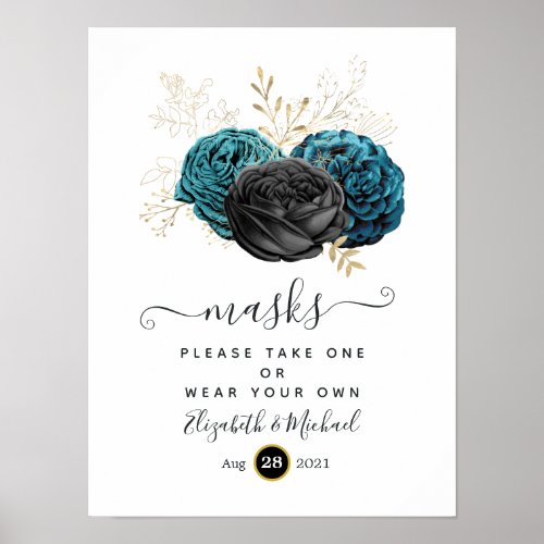 Teal Black and Gold Wedding Face Masks Poster