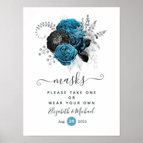 Teal Black and Silver Floral Wedding Face Masks Poster
