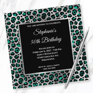 Teal Black and Silver Leopard Glam 50th Birthday Invitation
