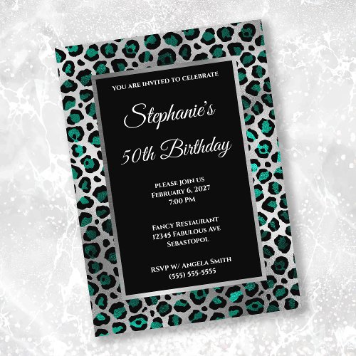 Teal Black and Silver Leopard Glam 50th Birthday Invitation
