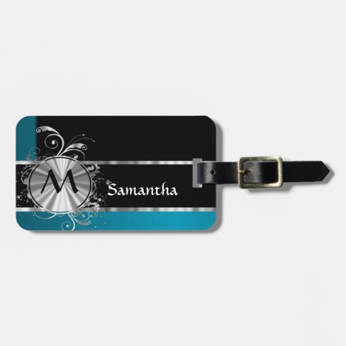 Teal black and silver monogram luggage tag