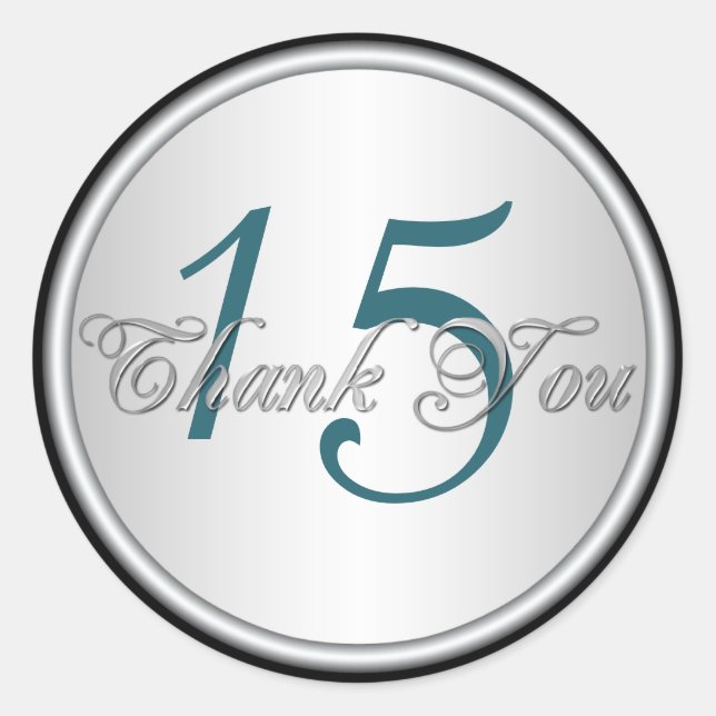 Teal, Black and Silver Quinceanera Thank You Classic Round Sticker (Front)