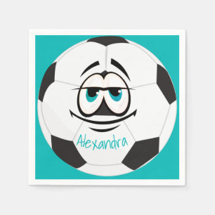 Teal Black and white soccer ball funny face  Napkins