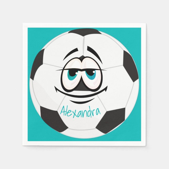 Teal Black and white soccer ball funny face  Napkins (Front)