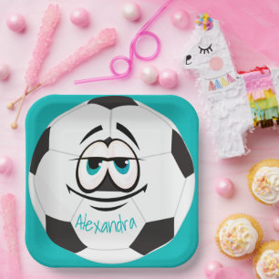 Teal Black and white soccer ball funny face Paper Plates