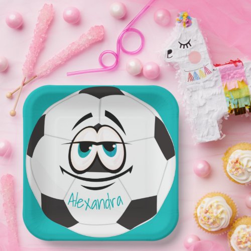 Teal Black and white soccer ball funny face Paper Plates
