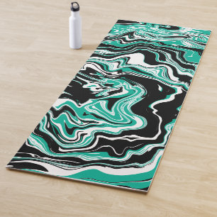Teal, Black and White Swirls Fluid Art Yoga Mat