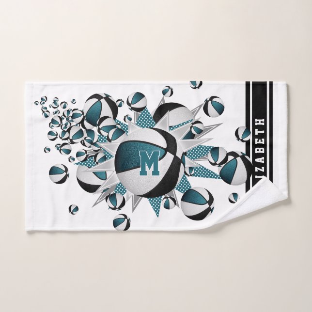 teal black basketballs stars girls monogrammed hand towel  (Hand Towel)