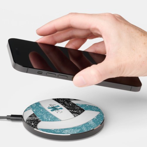 teal black boho doodle pattern volleyball wireless charger 