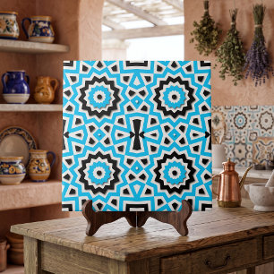 Teal Black Boho Geometric Aztec Mosaic Accent Ceramic Tile