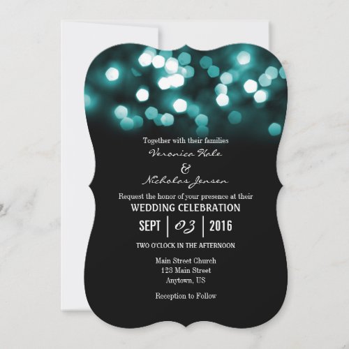 Teal Black Bokeh Glitter Lights Wedding Invites