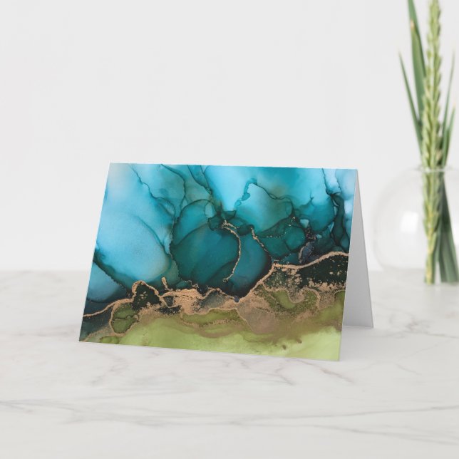 Teal Black Brass Alcohol Ink Blank Notecard (Front)