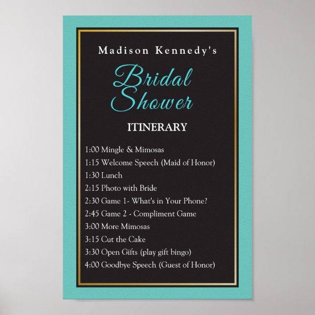 Teal & Black 💍 Bridal Shower Itinerary Poster (Front)